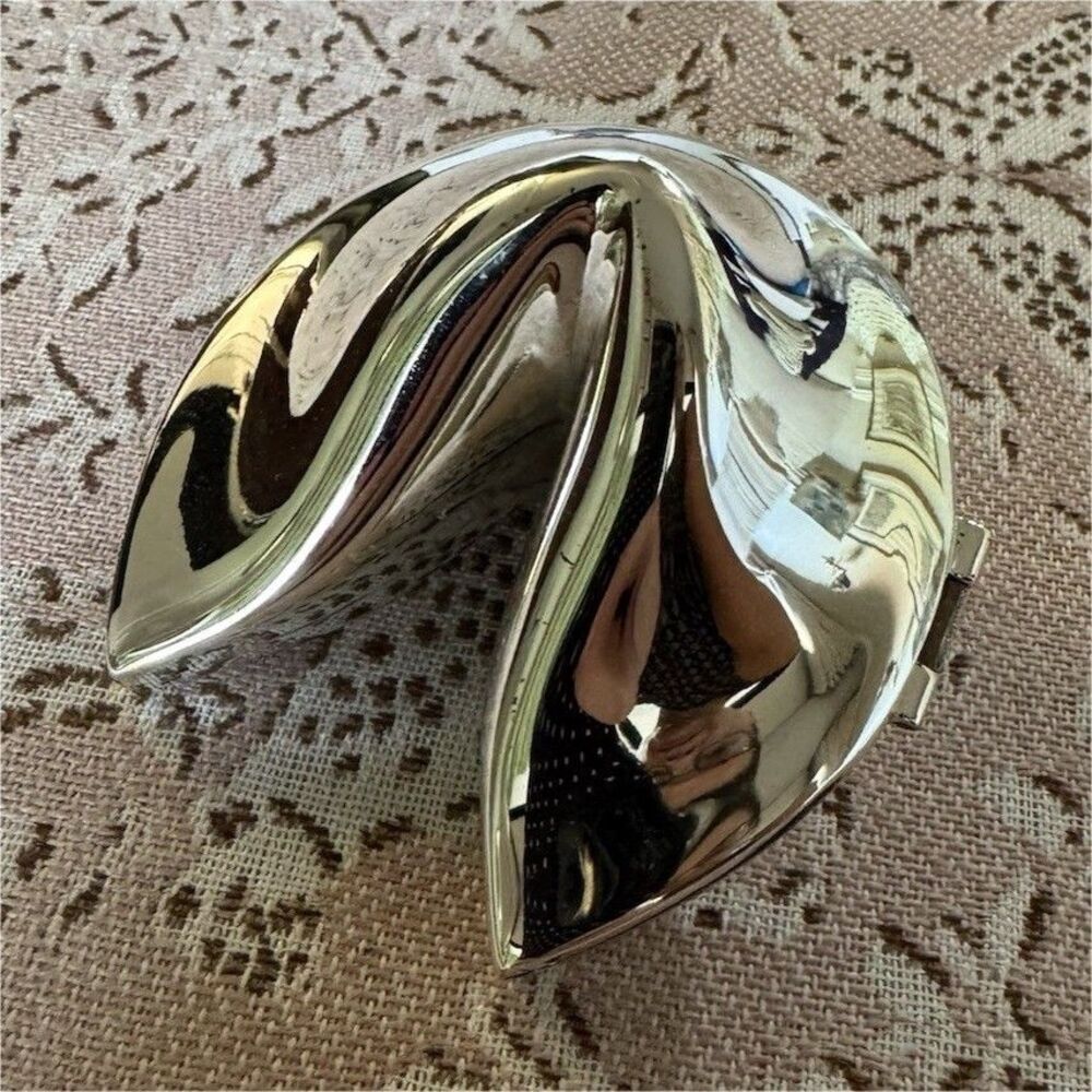 Silver Tone Hinged Fortune Cookie Style Wishbone Fortune Cookie Trinket Box